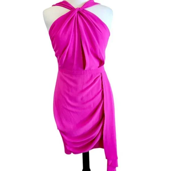 Badgley Mischka Belle Poppy Front Twist Hot Pink Cocktail Dress - 6 - Picture 2 of 12